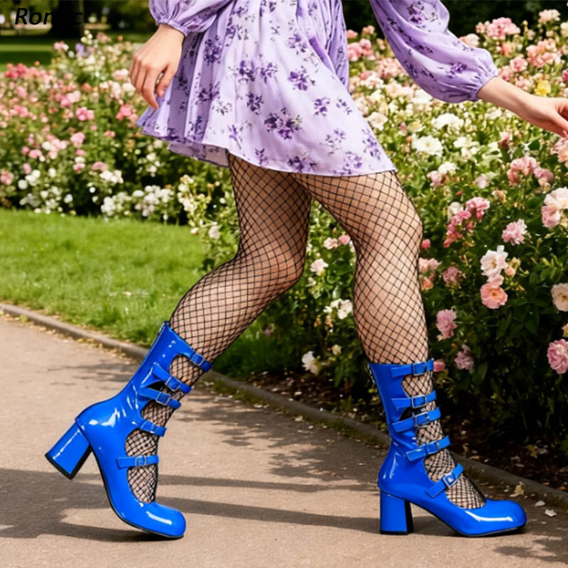 Women'S Shoes Navy Blue - Blue Patent Leather Gothic Boots -