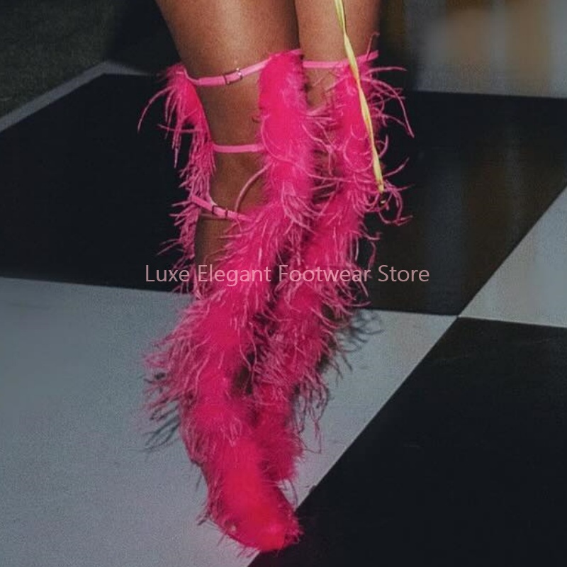 Pink Feather Strappy Hollow Bu - огляд і ціна Knee High Boots Women