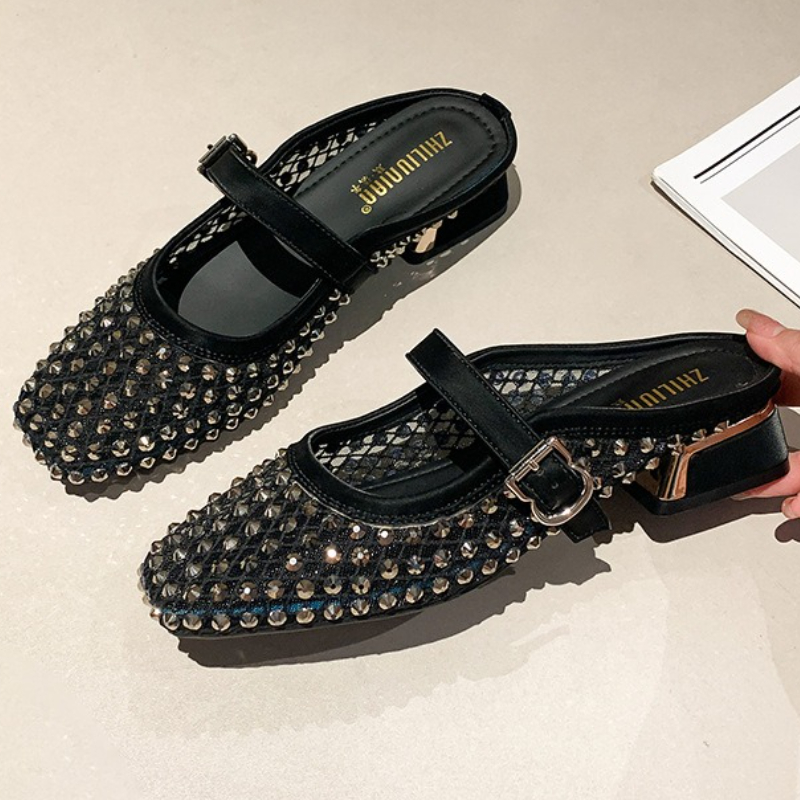 Mesh Rhinestone Chunky Heel Mu - огляд і ціна Mule Slip On