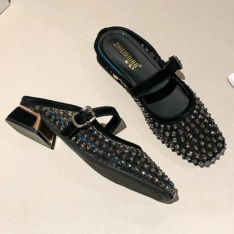 Mesh Rhinestone Chunky Heel Mu - огляд і ціна Mule Slip On
